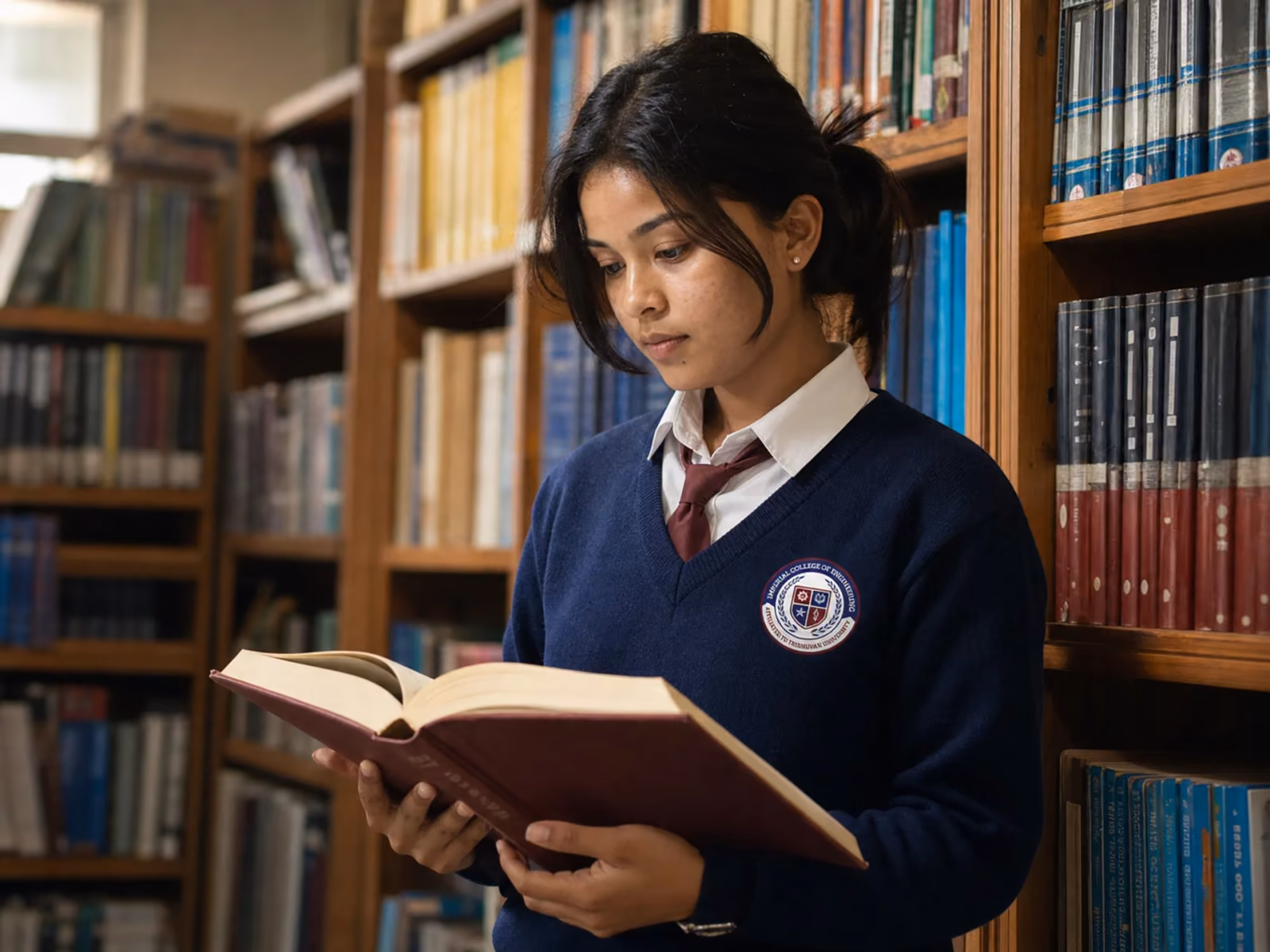 A student reading an open book in front of the library stacks
